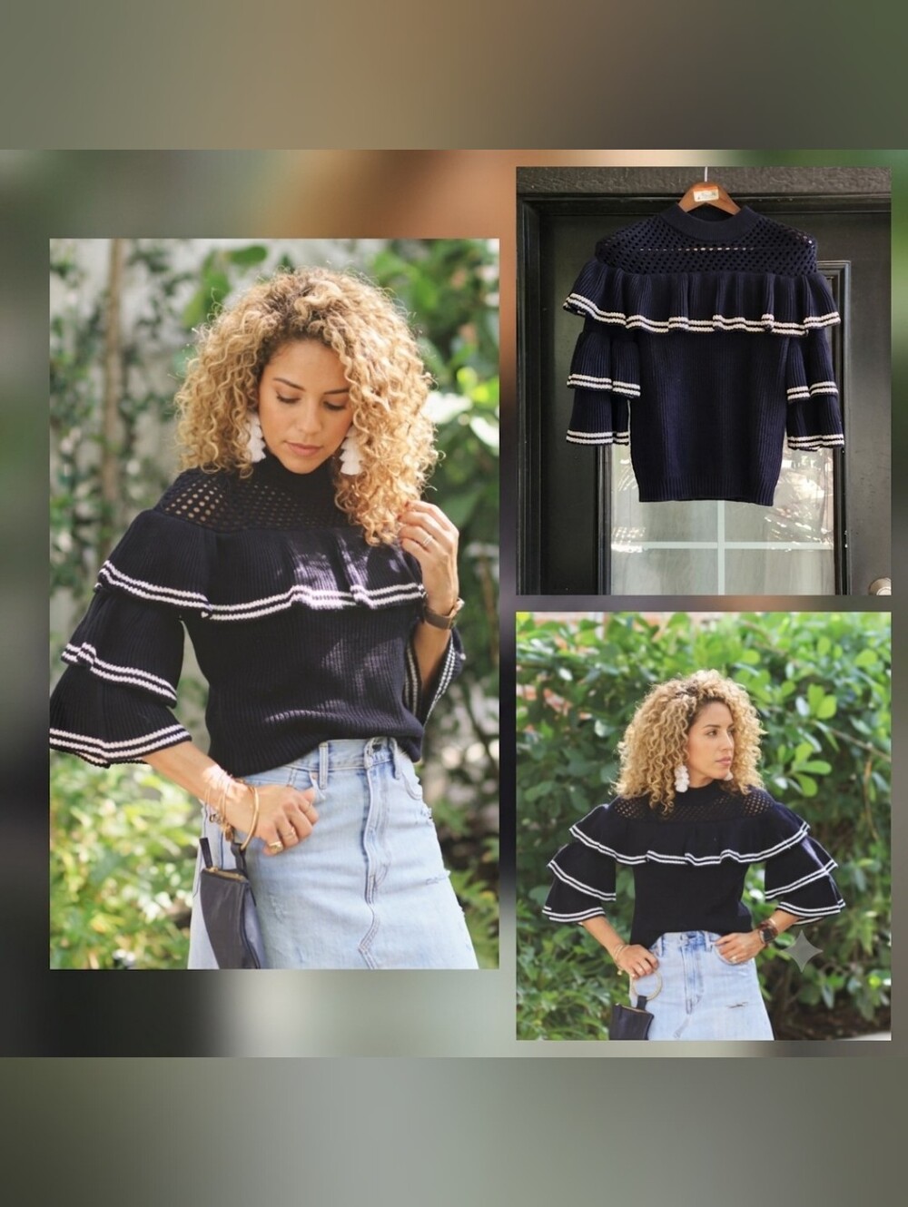 Self-Portrait Navy Ruffle Turtleneck Sweater with White Trim